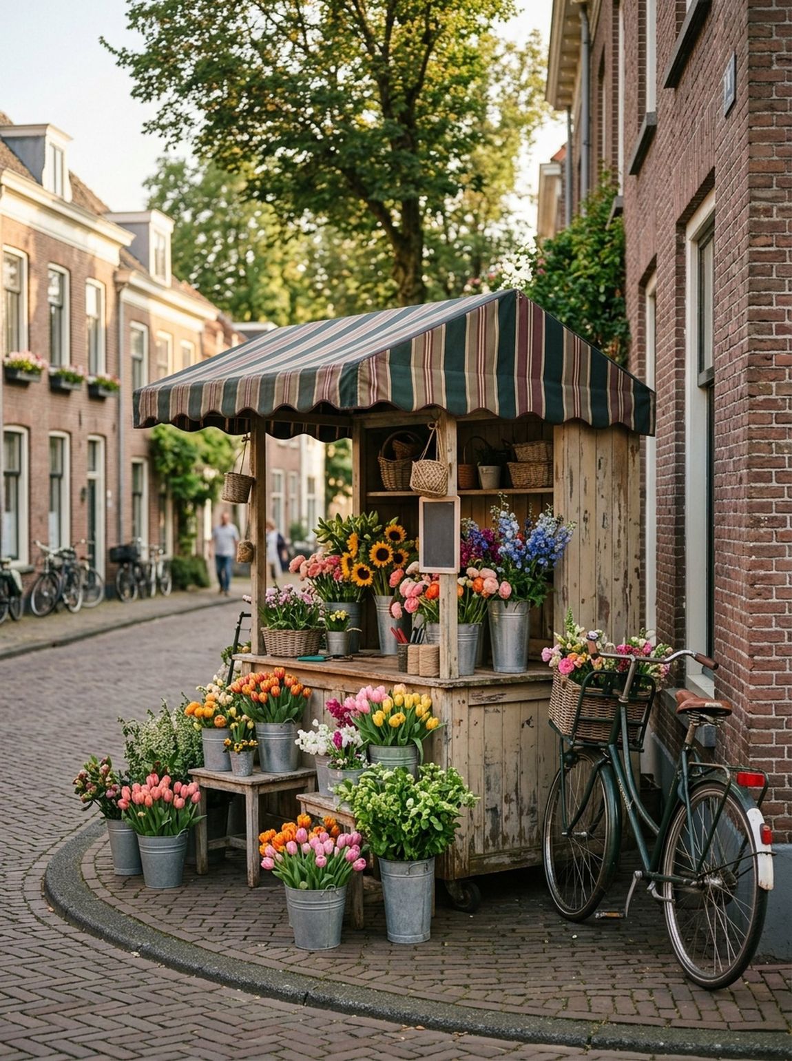 Kleurrijke bloemenkiosk vol emmers met verse tulpen en seizoensbloemen